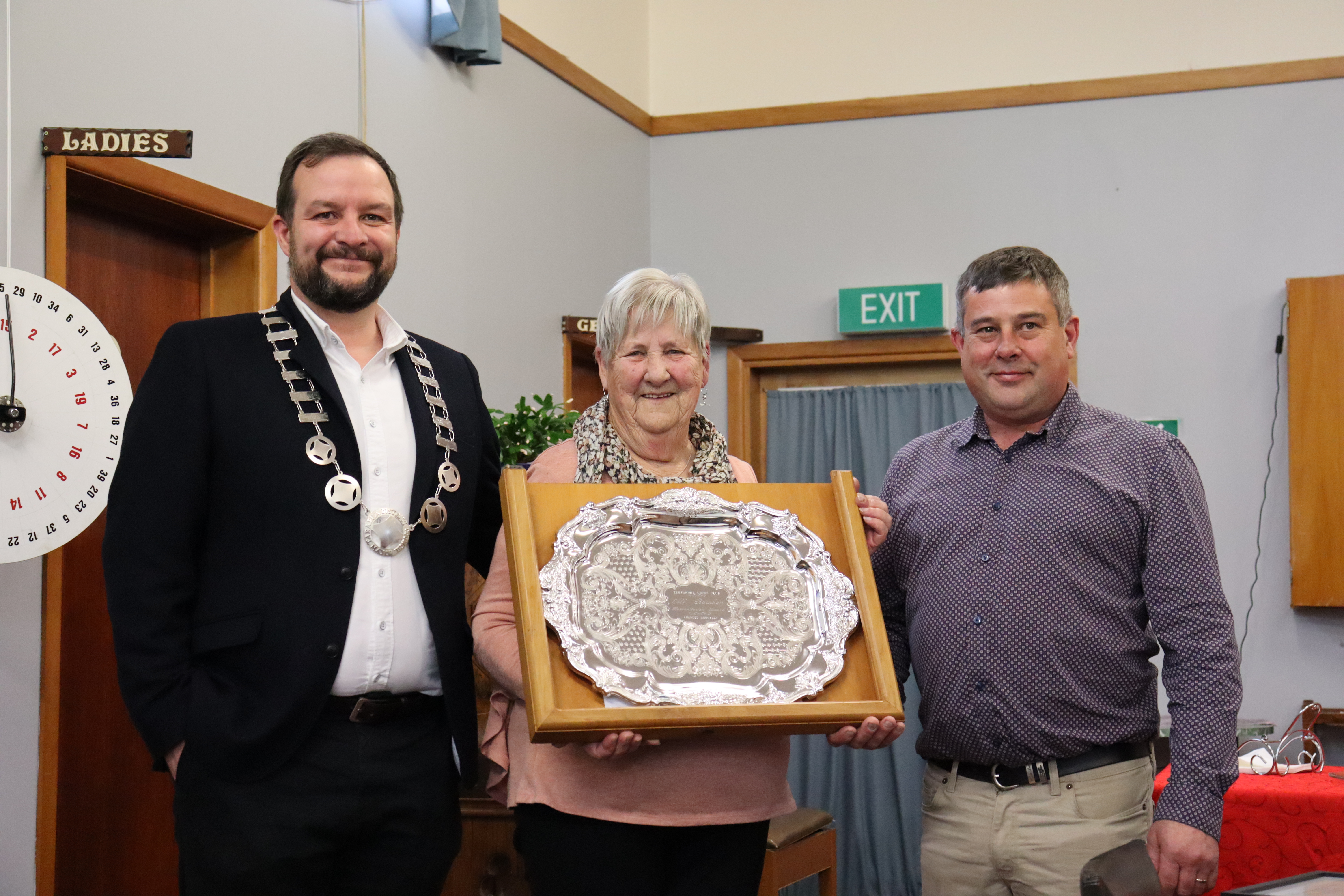 Photo (left to right): Mayor Scott Gilmore, award recipient Margaret Chapple,  and Chair of the Eketāhuna Community Board, Steen McGhie. 